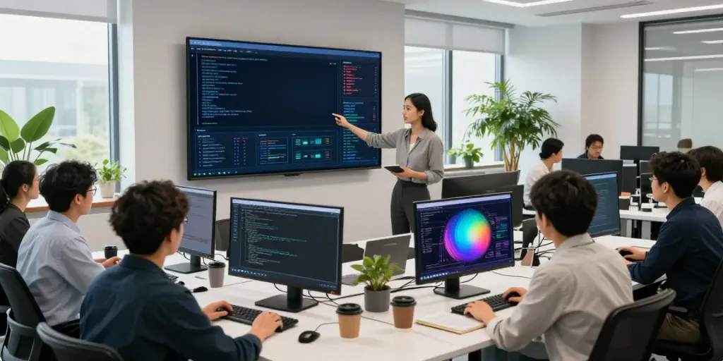 Team collaborating on Enterprise AI project in a modern office workspace.