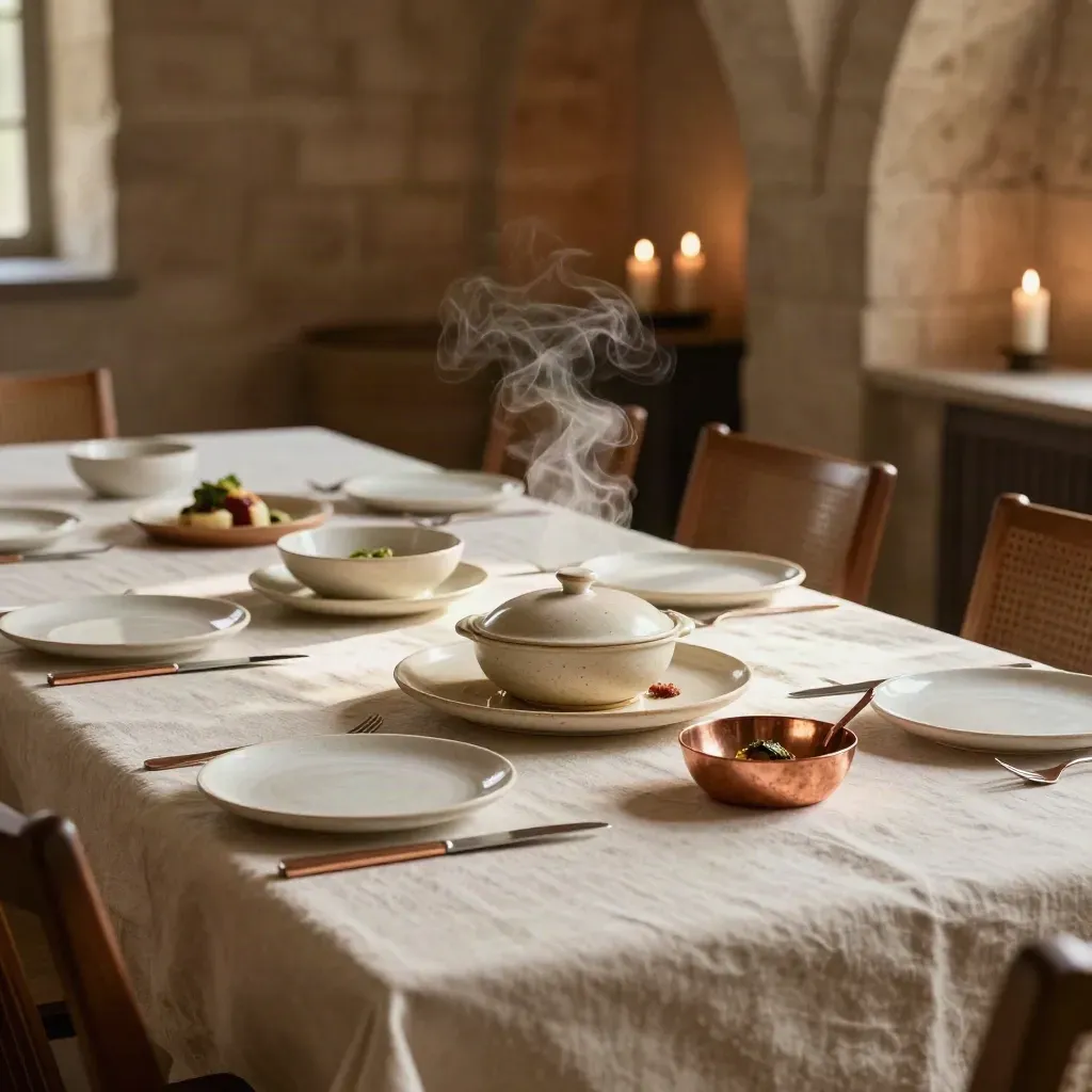 Private dining table for six with steaming first course, linen and stoneware in a historic mill room