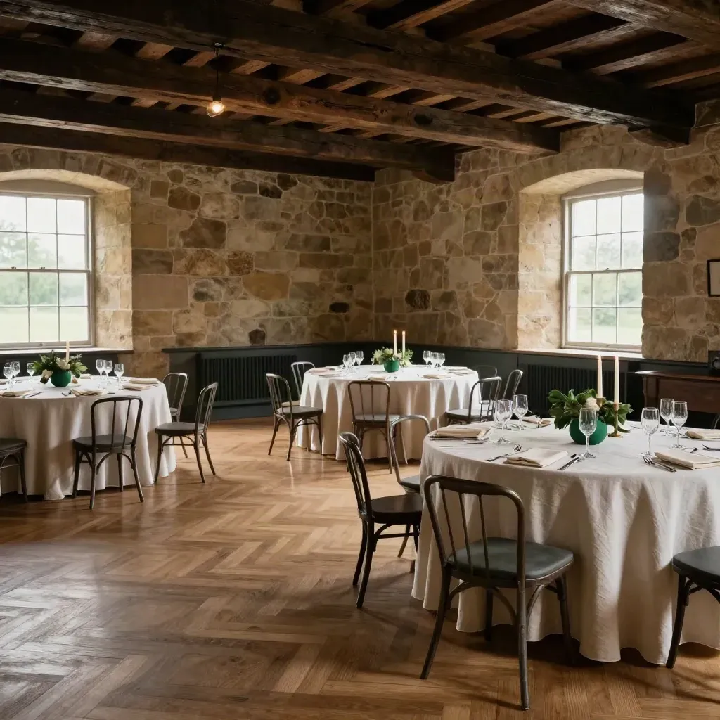 Historic mill reception room with round tables, candles, glassware, and a cleared dance floor