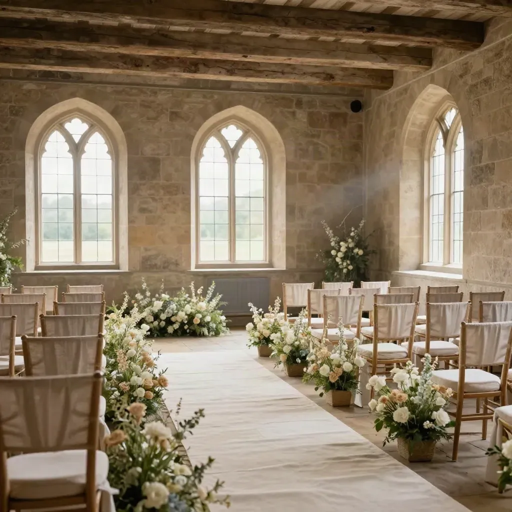Stone ceremony aisle with pale chairs, meadow florals and arched windows in Haxted Mill