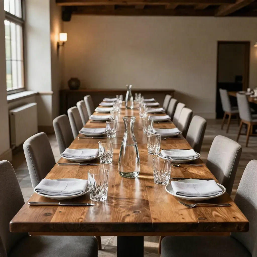 Historic mill chamber set for a corporate lunch with long table, carafes, napkins and polished chairs.