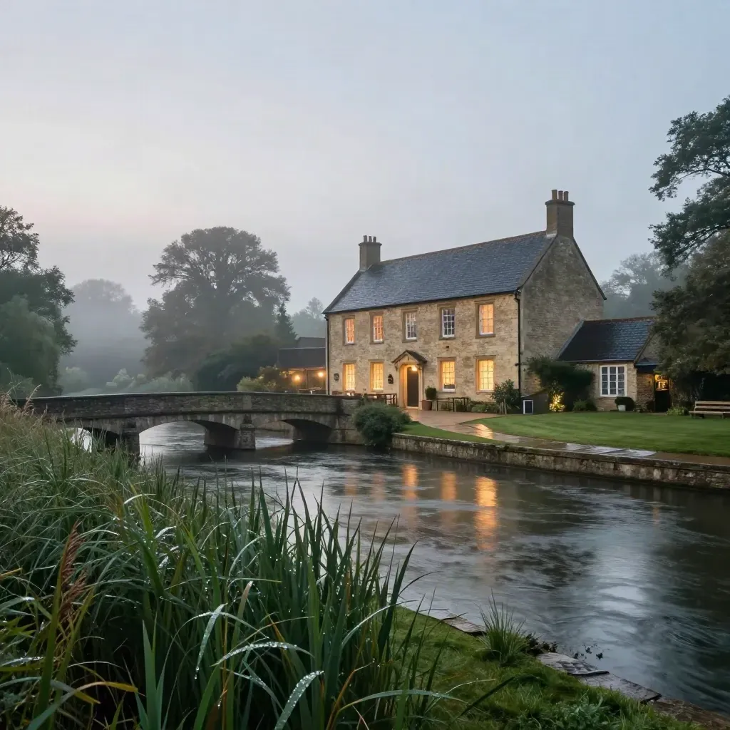 Haxted Mill glowing at dusk beside the river, mist, bridge, wet stone and lit windows.
