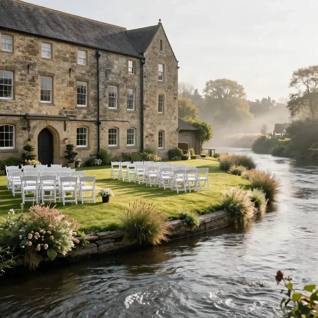 Empty riverside wedding lawn beside Haxted Mill, white chairs, misty river, sun raking across grass.