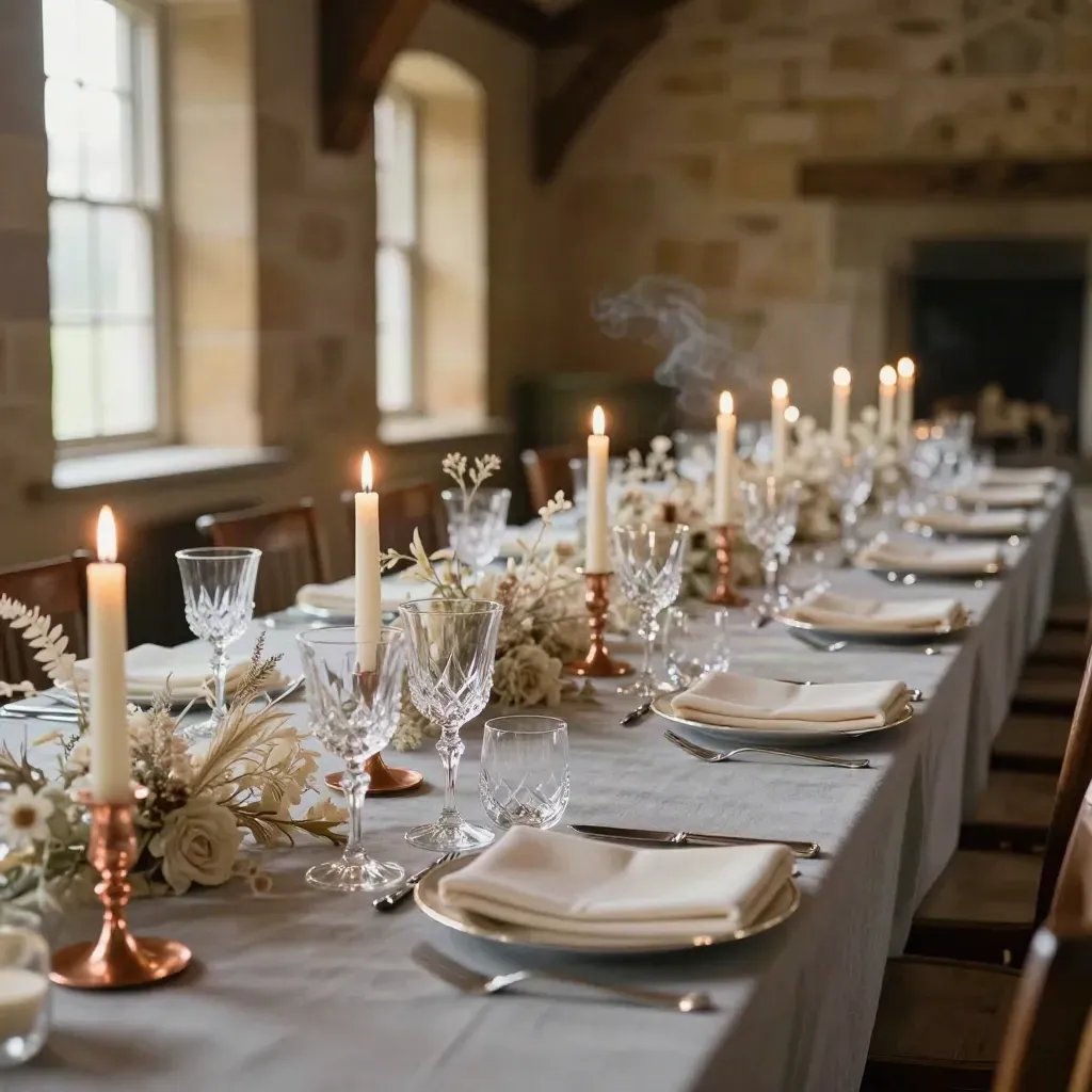 Candlelit black-tie dinner room with long set table, crystal, copper candlesticks and soft haze.
