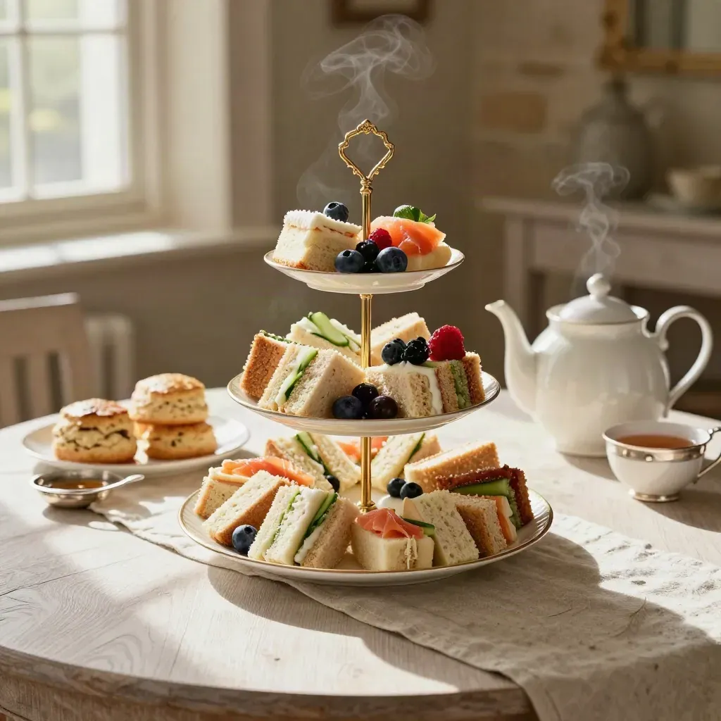 Cream tea stand with sandwiches, scones, teapot and rising steam on a pale oak table.