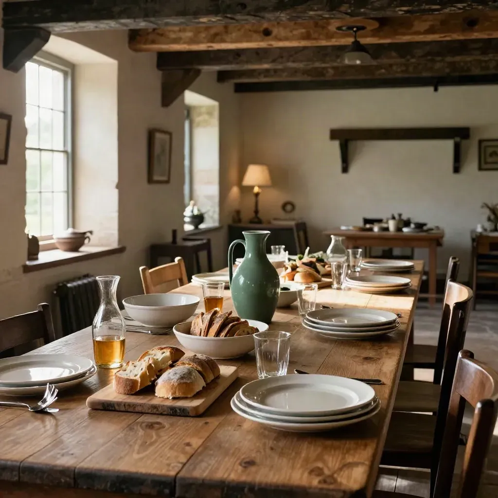 Mill room lunch table reset with carafes, bread, plates and soft window light.