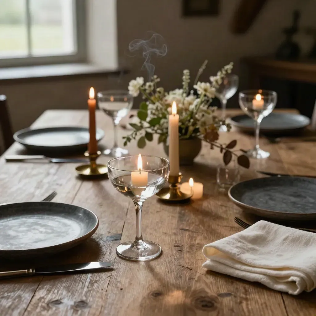 Candlelit anniversary dinner table with dark ceramics, coupe glasses and pale florals