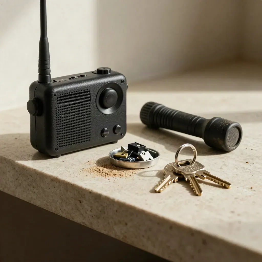 Macro still life of radio, torch, fuses and service keys on a stone workbench.