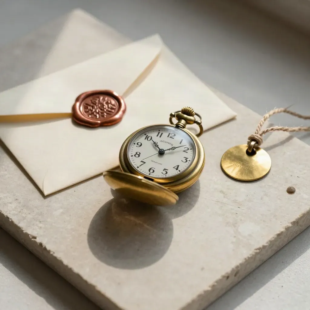 Brass pocket watch beside a wax-sealed envelope and twine-tied reservation token on pale stone