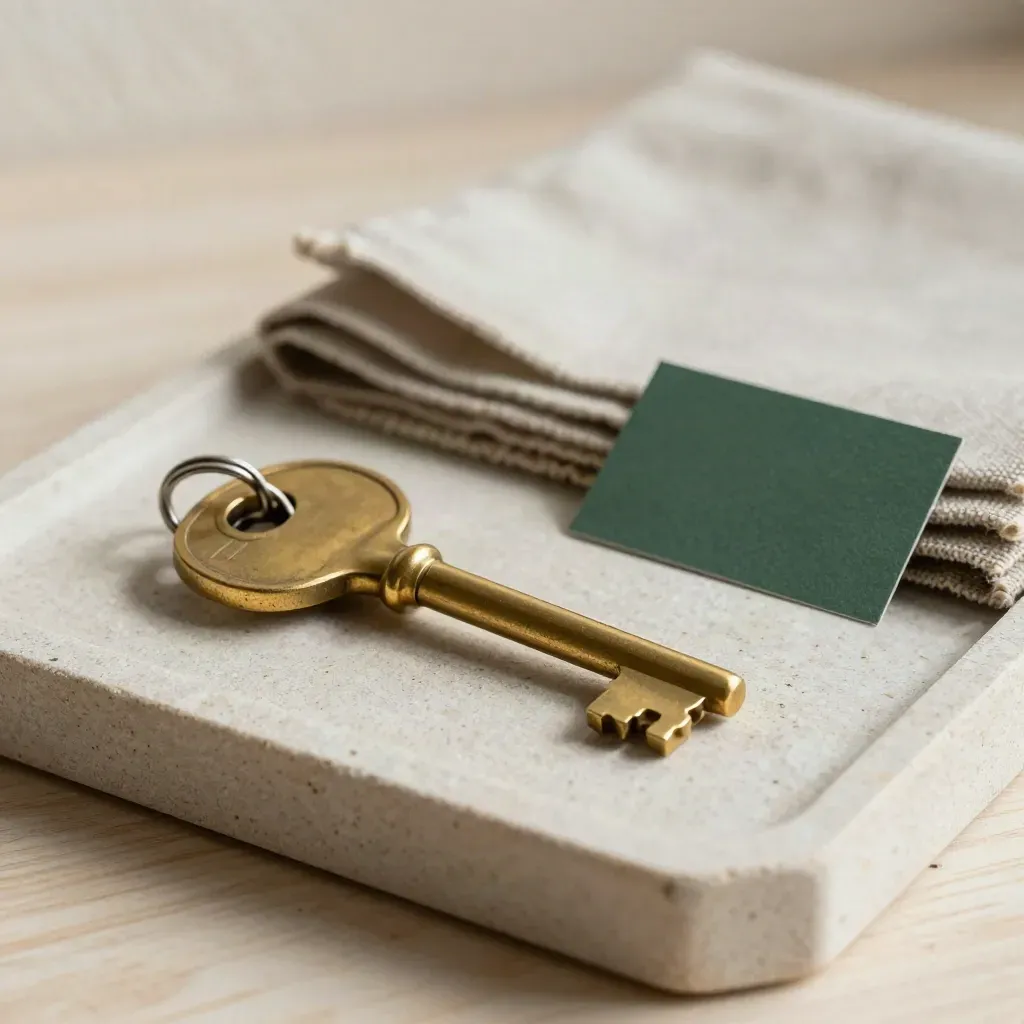 Brass room keys, linen swatches and a green marker on a stone tray with soft daylight.