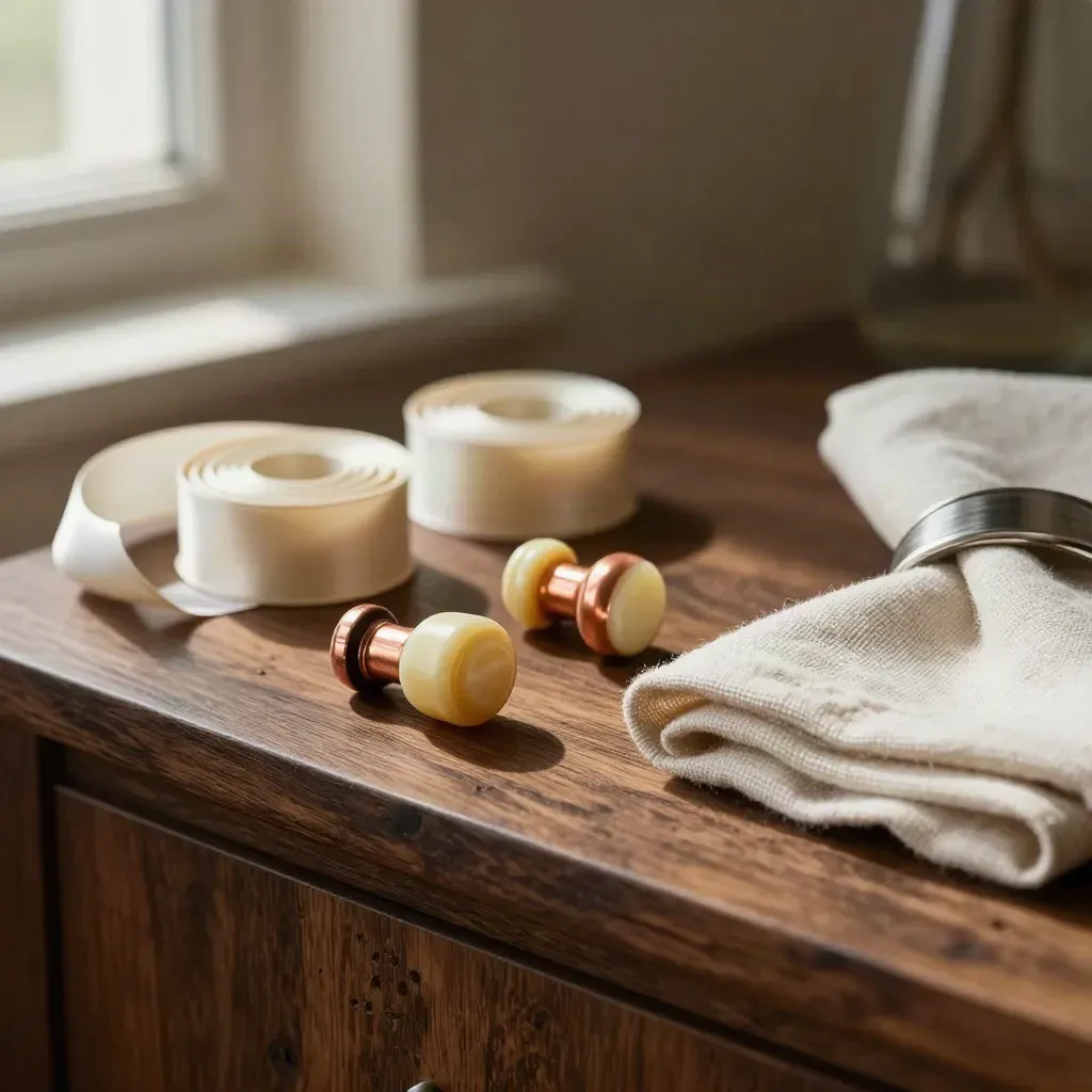 Wax seals, ribbon coils and a napkin ring on a dark wood shelf in soft daylight.