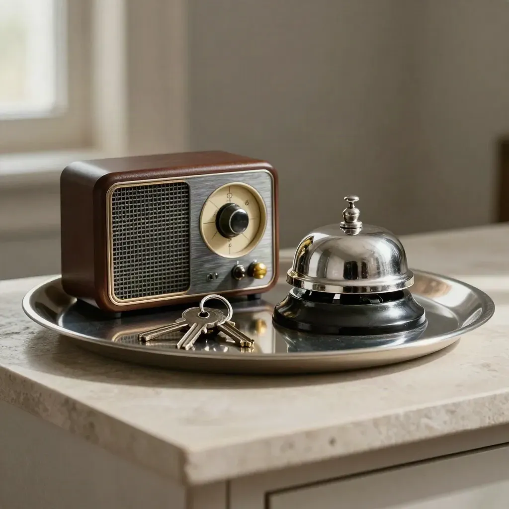 Silver bell, vintage radio and master key ring on a butler’s tray in soft stone light.
