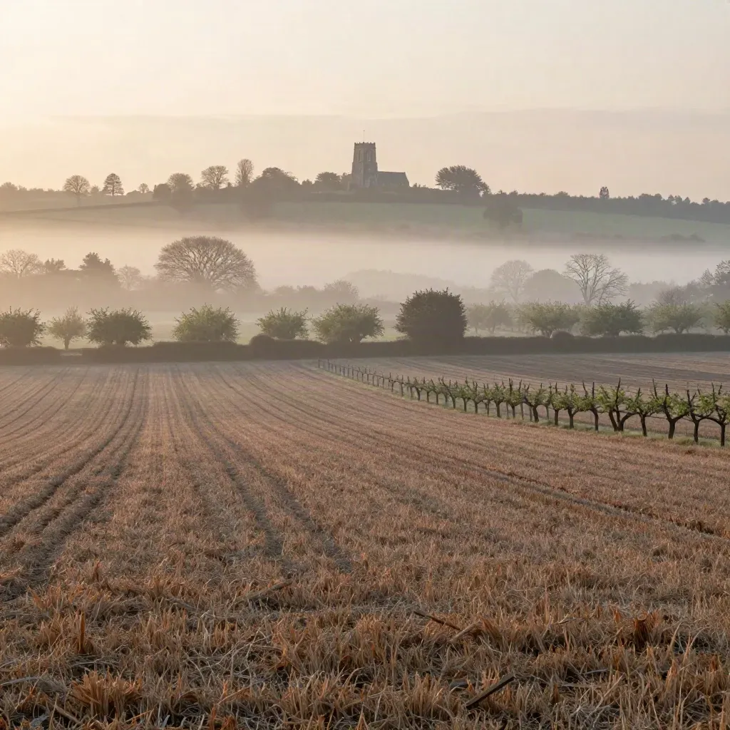 Misty Kent hop fields at sunrise with a flint church tower on the horizon.
