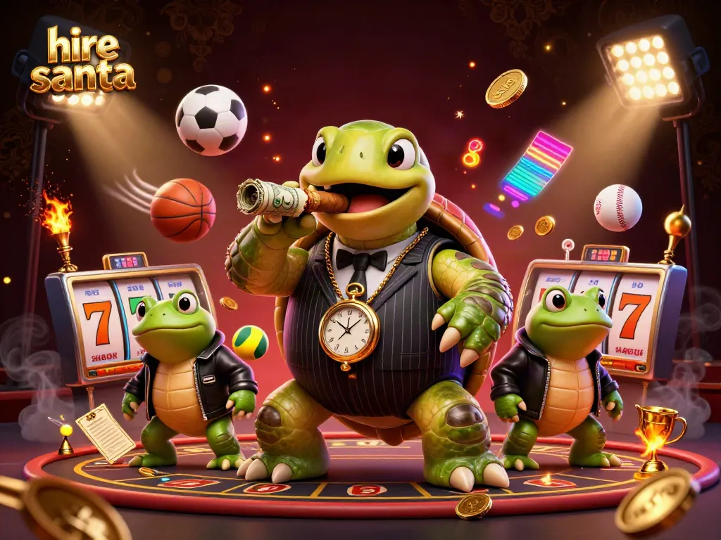 Engage in festive fun with hire santa, featuring a cartoon turtle and bullfrogs in a dynamic casino scene.