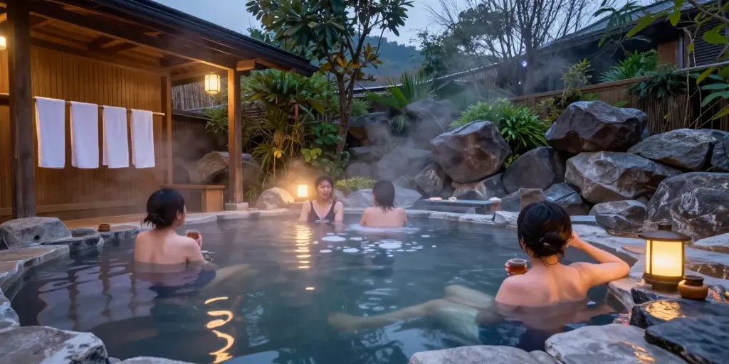 Relaxing at rokok88 geothermal hot spring retreat with mineral-rich water.