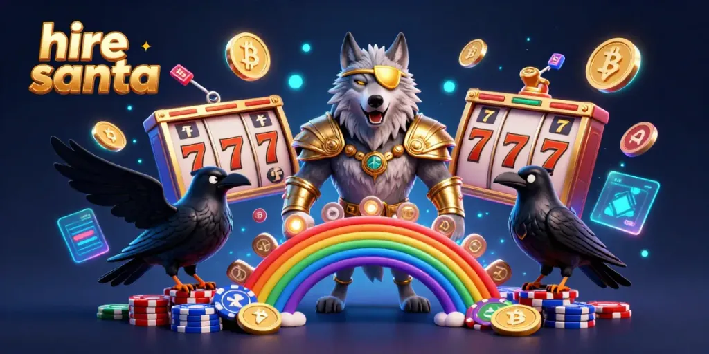 Engage in festive fun by hiring Santa, highlighted amidst vibrant casino themes and dazzling slot visuals.